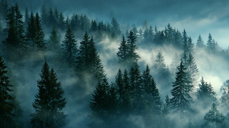 Lush evergreen trees rise through misty fog in a serene, peaceful forest landscape with a distant mountain range in the background