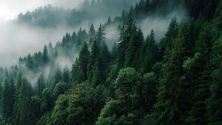 A dense forest of green pine trees on rolling hills, with misty mountains and fog creating a tranquil wilderness scene