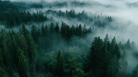 A lush forest with tall evergreen trees enveloped in thick mist, creating a mysterious and tranquil natural setting