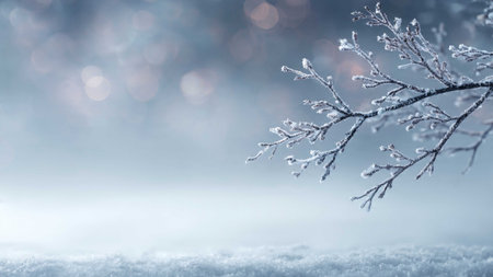 Close-up of delicate, frost-coated tree branches against a blurred snowy background, evoking cold, serenity, and winter tranquility.