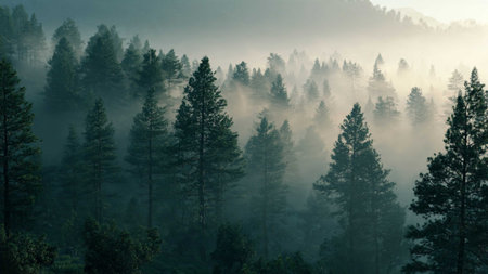Foggy morning in the coniferous forest. Panorama