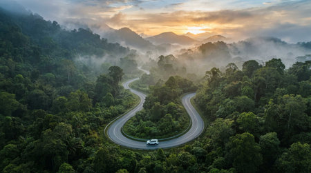 Aerial view of road in the forest with fog at sunset.