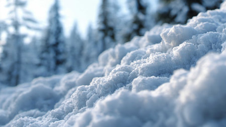 Snowy forest in winter, close-up, soft focus.