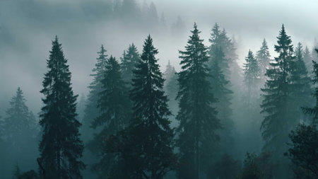 Foggy morning in the coniferous forest. Panorama