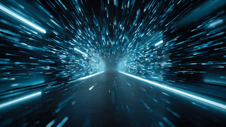 abstract blue speed motion blur in the dark tunnel 3d illustration