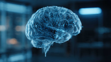 3D rendering of a human brain in blue light with glowing particles