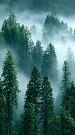 Foggy forest in the mountains with pine trees in the foreground