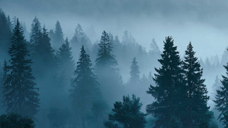 Foggy morning in the coniferous forest. Panorama
