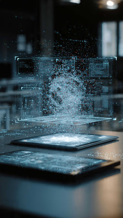 High-tech scene featuring holographic projection, floating data particles, transparent screens, sleek tablet, and modern digital interface design