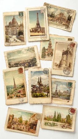 Vintage postcards from around the world on a white background.