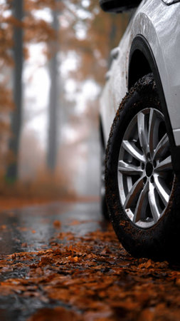 Car on the road in the autumn forest with fallen leaves. Selective focus.