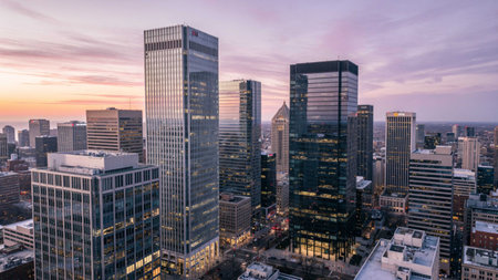 Aerial view of downtown Houston, Texas, USA at sunset.