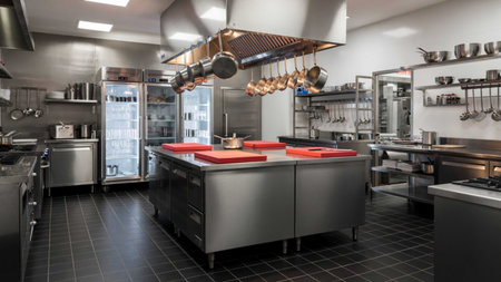 3d rendering of a modern kitchen interior design with a stainless steel hood