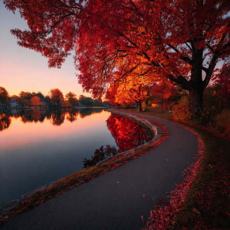 Beautiful autumn landscape with lake and colorful trees in the park.