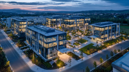 Aerial panoramic view of a modern office building at dusk