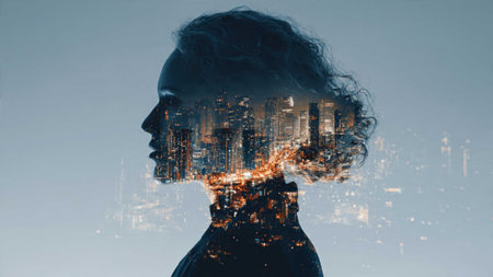 Double exposure of woman silhouette and modern city at background. Mixed media