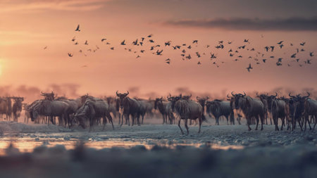 Blue wildebeest (Connochaetes taurinus) in the sunset