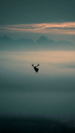 Silhouette of a deer in the fog at sunrise, Czech Republic