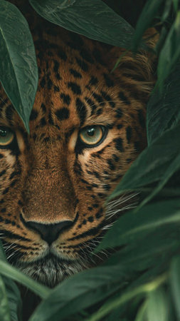 Portrait of a leopard hidden in the leaves of a tree