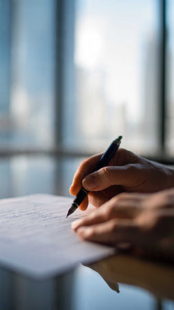 Close-up of a person writing on a notepad with a pen