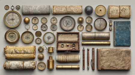 Vintage Antique Antique Objects on a Grey Background. Top View
