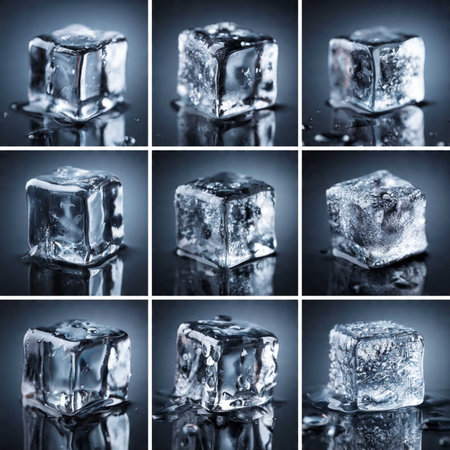 Cubes of ice on a dark blue background. Collage.