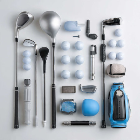 Different golf equipment on white background, flat lay. Space for text
