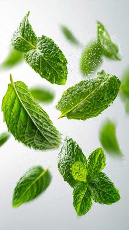 Fresh mint leaves falling on white background. Shallow dof.