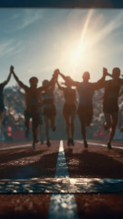 Low angle view of group of people running on stadium track during sunny day