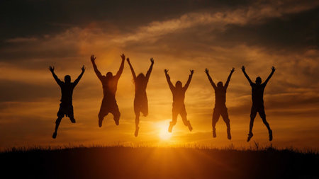 Silhouette of happy group of friends jumping on sunset sky background