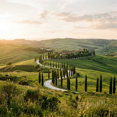 Tuscany landscape with cypresses trees and road at sunset