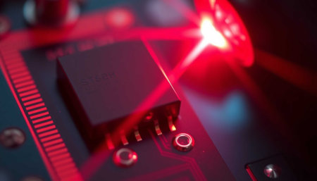 Close up of electronic circuit board with red light flare. 3d rendering