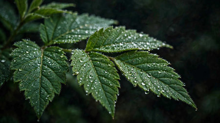 raindrops on the leaves of a blackberry. close-up