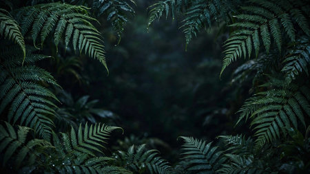 Fern leaves in a forest at night. Tropical jungle background.