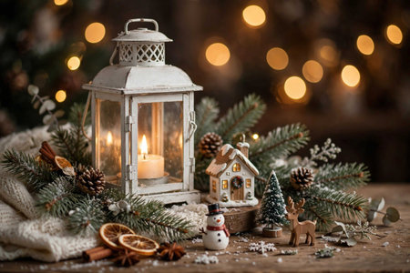 Christmas lantern with burning candle, gingerbread man and christmas tree on wooden background
