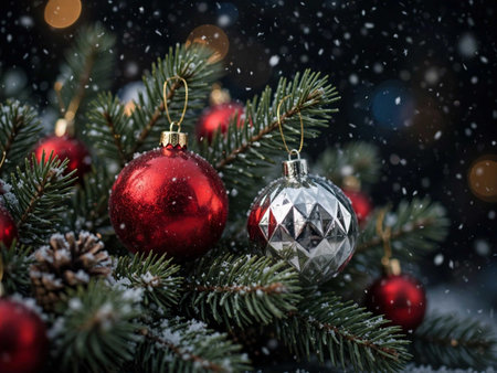 Christmas background with fir branches and red baubles on dark background