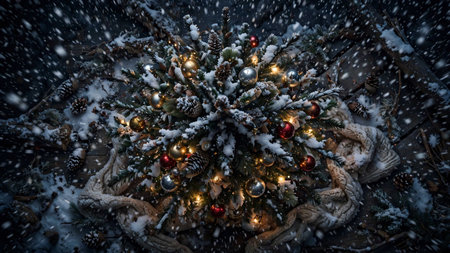 Christmas tree with decorations in snowfall. New Year and Christmas background