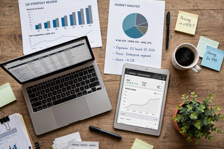 Top view of business workplace with laptop, coffee cup and financial reports.