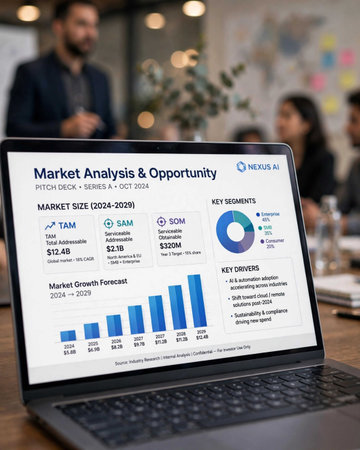 Laptop screen displaying a market analysis concept. All screen graphics are made up.