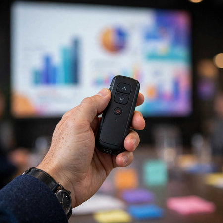 Man holding a remote control in his hand in front of a blurred background