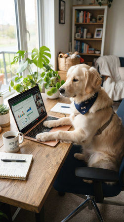 Cute Golden Retriever Dog Working on Laptop at Home