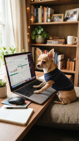 Cute chihuahua dog in a sweater sits on a sofa and works on a laptop at home
