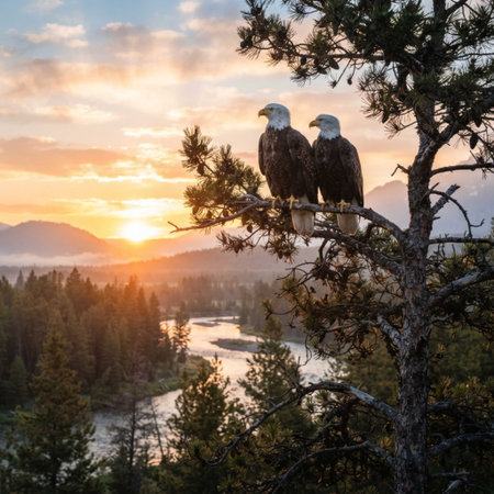 Bald Eagle (Haliaeetus leucocephalus) sitting on top of a pine tree during sunset in Glacier National Park, Montana.
