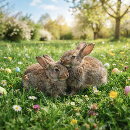 Two cute little rabbits sitting on the grass with easter eggs.