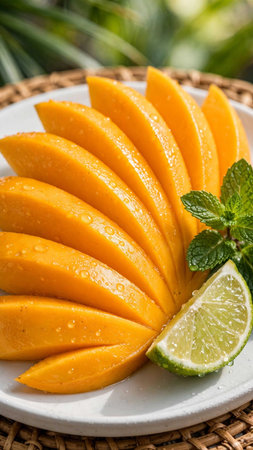 Sliced mango with lime and mint on a white plate.