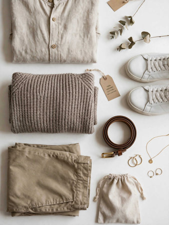 Flat lay composition with stylish clothes, shoes and accessories on white background