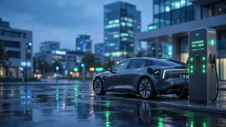Electric car charging in the city at night. 3d rendering.