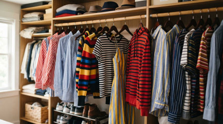 Closet with different clothes hanging on it in the closet.