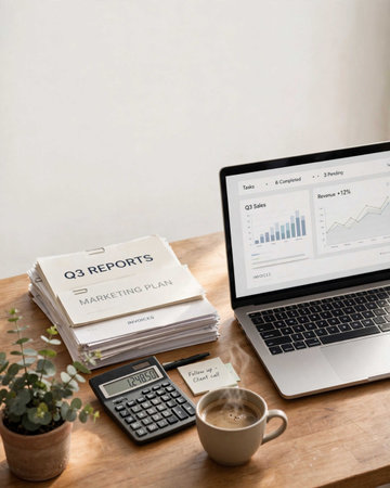 Business Notebook Accounting Calculating Finance Concept. Close-up of a laptop on a wooden table with financial reports and a cup of coffee