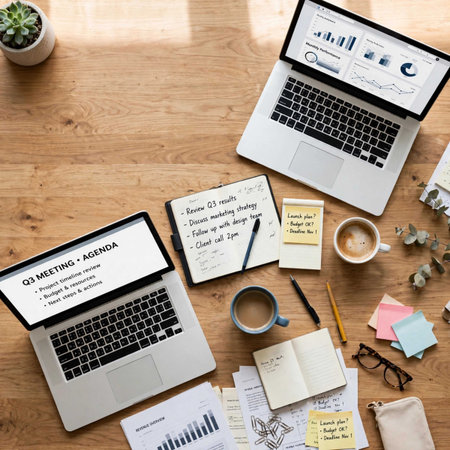Workplace with laptop network graphic overlay on table top view mockup